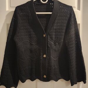 Elegant Black Knit Button-Front Cardigan with Gold Buttons